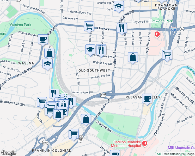 map of restaurants, bars, coffee shops, grocery stores, and more near 415 King George Avenue Southwest in Roanoke