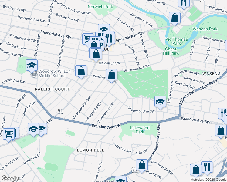 map of restaurants, bars, coffee shops, grocery stores, and more near 1700-1798 Sherwood Avenue Southwest in Roanoke