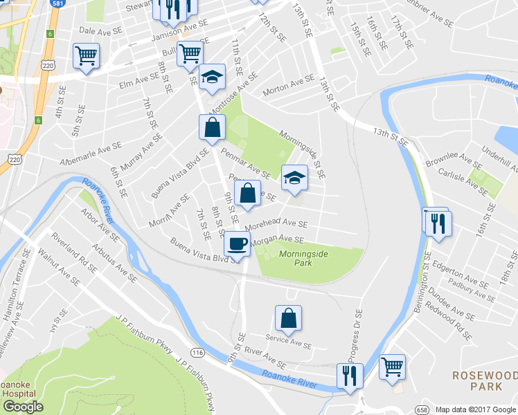 map of restaurants, bars, coffee shops, grocery stores, and more near 1020 Woodrow Avenue Southeast in Roanoke