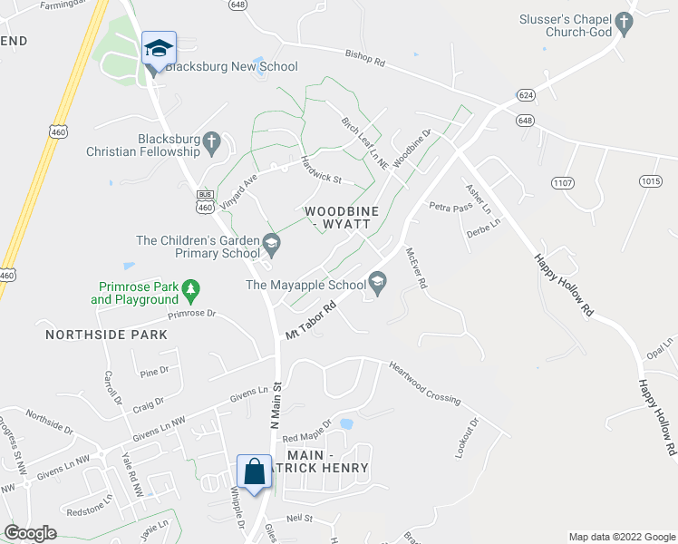 map of restaurants, bars, coffee shops, grocery stores, and more near 2012 Christopher Drive in Blacksburg