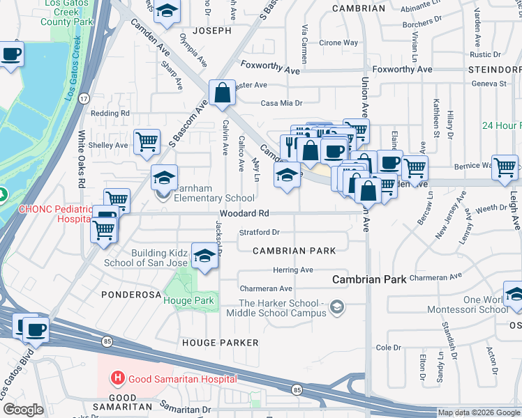 map of restaurants, bars, coffee shops, grocery stores, and more near 15360 Woodard Road in San Jose