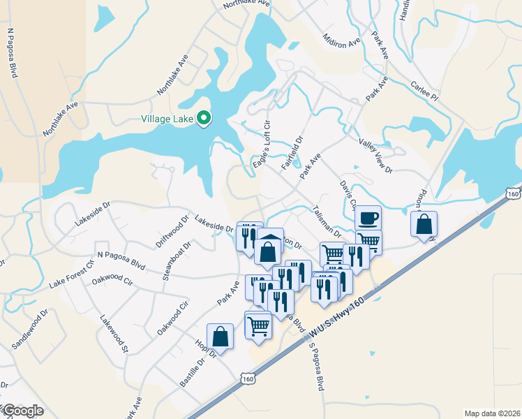 map of restaurants, bars, coffee shops, grocery stores, and more near Park Avenue in Pagosa Springs