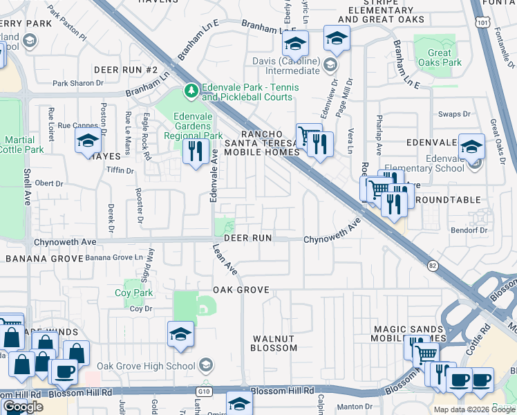 map of restaurants, bars, coffee shops, grocery stores, and more near in San Jose