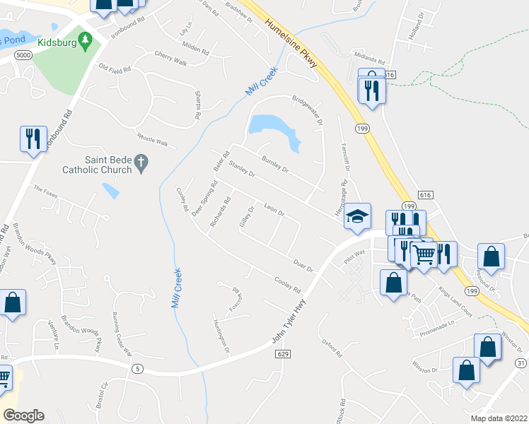 map of restaurants, bars, coffee shops, grocery stores, and more near 120 Leon Drive in Williamsburg