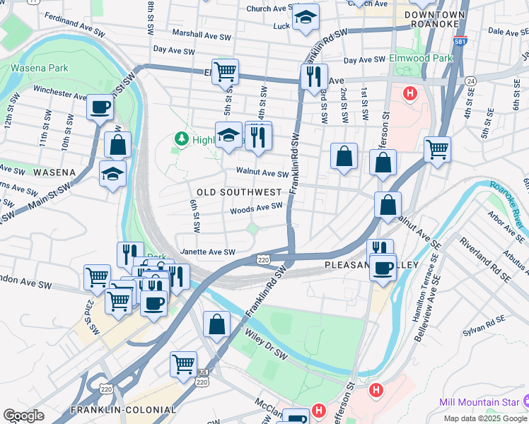 map of restaurants, bars, coffee shops, grocery stores, and more near 370 Woods Avenue Southwest in Roanoke