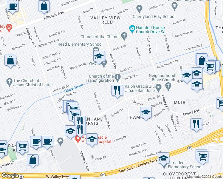 map of restaurants, bars, coffee shops, grocery stores, and more near 1463 Ilikai Avenue in San Jose