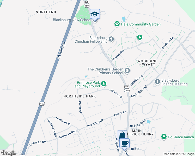 map of restaurants, bars, coffee shops, grocery stores, and more near 2101 Walnut Drive in Blacksburg