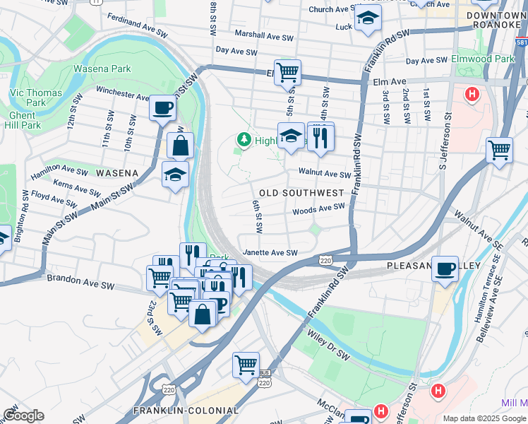 map of restaurants, bars, coffee shops, grocery stores, and more near 527 Woods Avenue Southwest in Roanoke