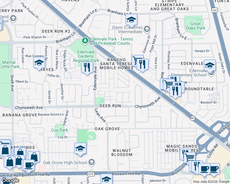 map of restaurants, bars, coffee shops, grocery stores, and more near in San Jose