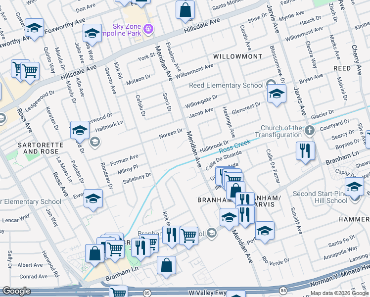 map of restaurants, bars, coffee shops, grocery stores, and more near 1607 Hallbrook Drive in San Jose
