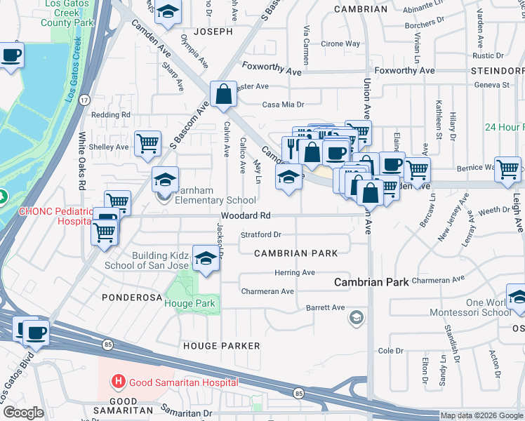 map of restaurants, bars, coffee shops, grocery stores, and more near 15360 Woodard Road in San Jose