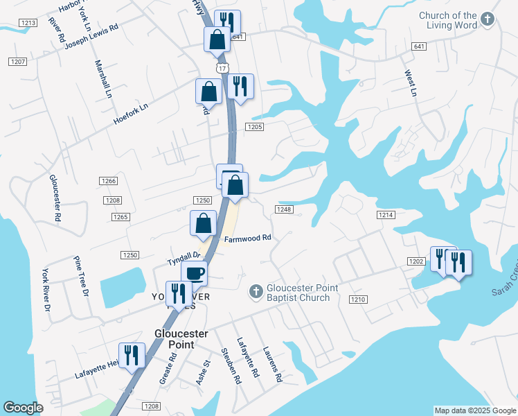 map of restaurants, bars, coffee shops, grocery stores, and more near 7746 Colonial Point Lane in Gloucester Point