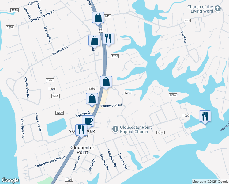 map of restaurants, bars, coffee shops, grocery stores, and more near 7746 Colonial Point Lane in Gloucester Point