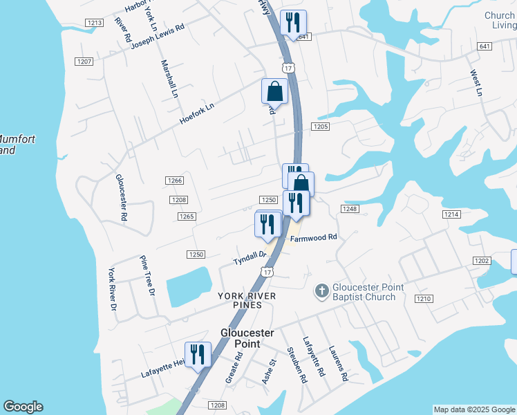 map of restaurants, bars, coffee shops, grocery stores, and more near 7617 Villa Court in Gloucester Point