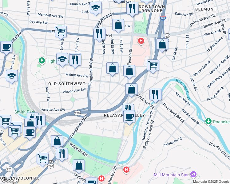 map of restaurants, bars, coffee shops, grocery stores, and more near 1348 Maple Avenue Southwest in Roanoke