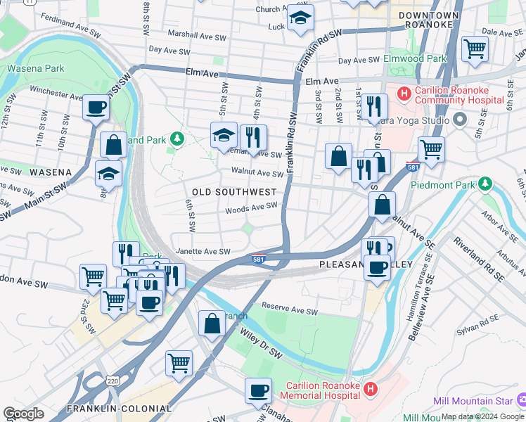 map of restaurants, bars, coffee shops, grocery stores, and more near 331 King George Avenue Southwest in Roanoke