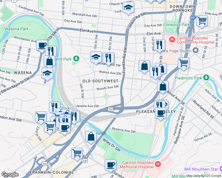 map of restaurants, bars, coffee shops, grocery stores, and more near 331 King George Avenue Southwest in Roanoke