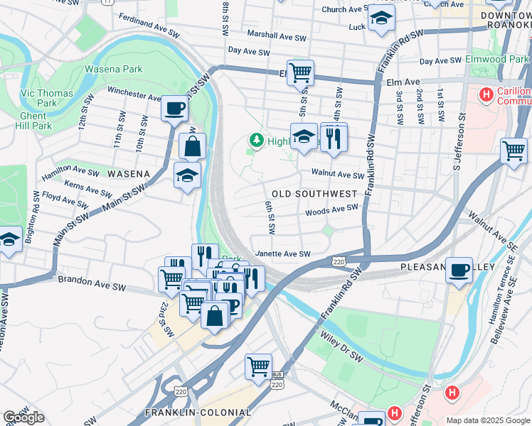 map of restaurants, bars, coffee shops, grocery stores, and more near 601 Woods Avenue Southwest in Roanoke