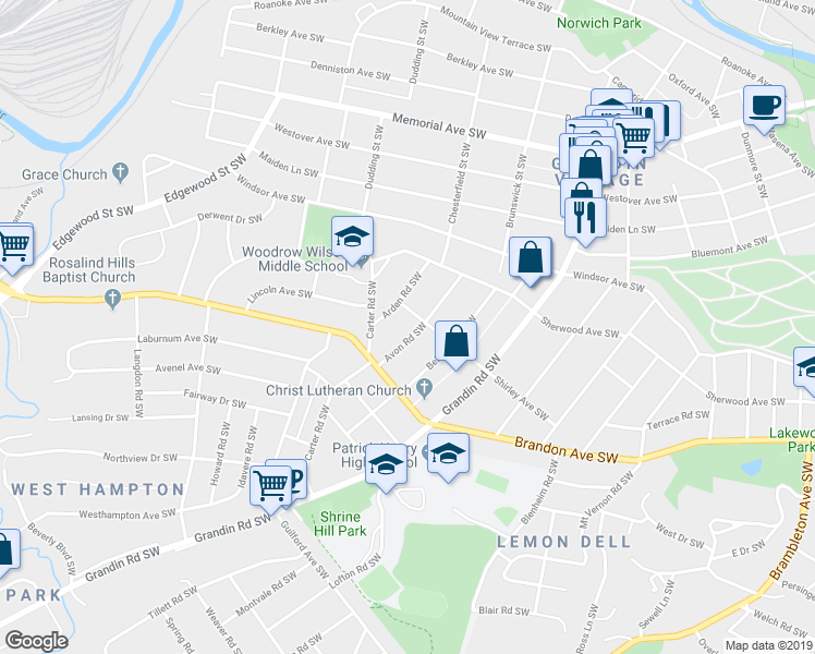 map of restaurants, bars, coffee shops, grocery stores, and more near 1924 Avon Road Southwest in Roanoke