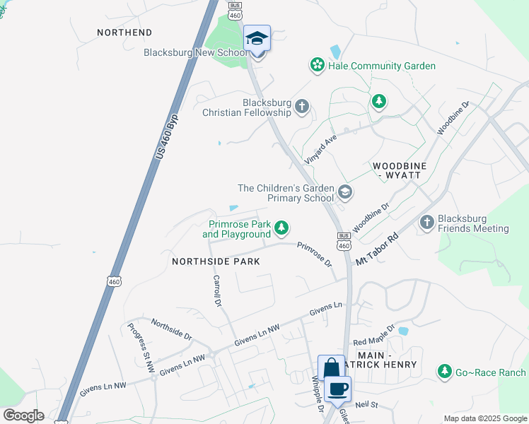 map of restaurants, bars, coffee shops, grocery stores, and more near 2101 Walnut Drive in Blacksburg