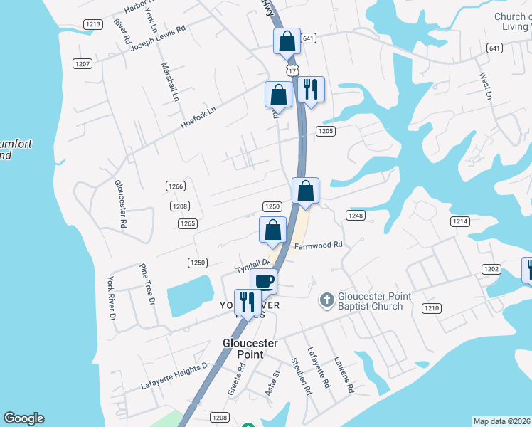 map of restaurants, bars, coffee shops, grocery stores, and more near 7617 Villa Court in Gloucester Point