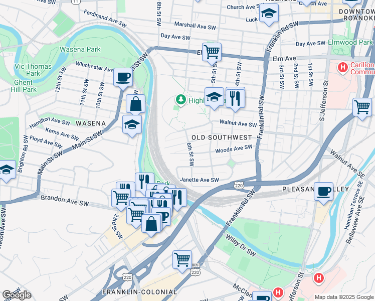 map of restaurants, bars, coffee shops, grocery stores, and more near 601 Woods Avenue Southwest in Roanoke