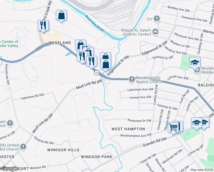 map of restaurants, bars, coffee shops, grocery stores, and more near 2918 Brandon Avenue Southwest in Roanoke