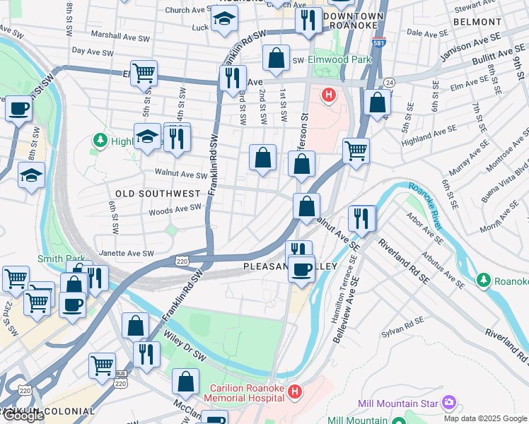 map of restaurants, bars, coffee shops, grocery stores, and more near 1348 Maple Avenue Southwest in Roanoke