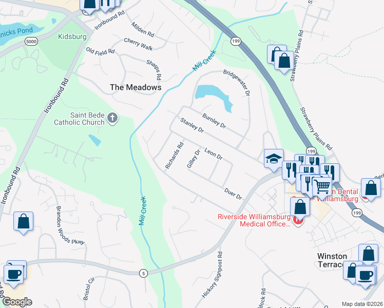 map of restaurants, bars, coffee shops, grocery stores, and more near 106 Gilley Drive in Williamsburg