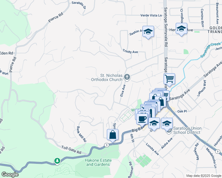 map of restaurants, bars, coffee shops, grocery stores, and more near 20905 Sullivan Way in Saratoga