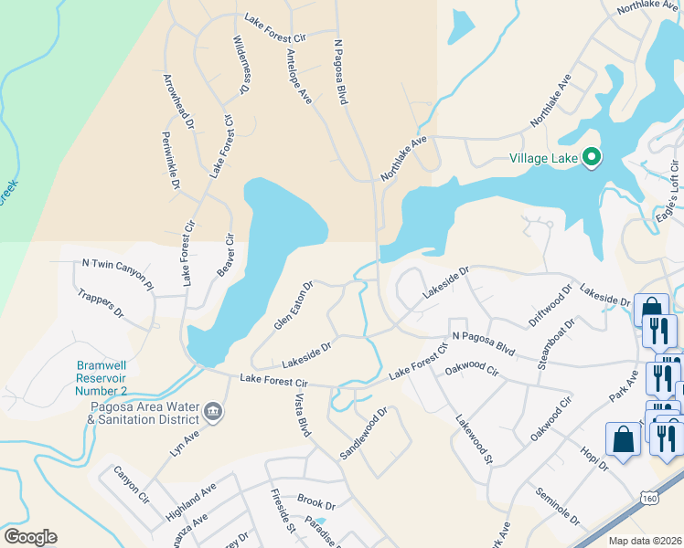 map of restaurants, bars, coffee shops, grocery stores, and more near 56 Glen Eaton Drive in Pagosa Springs