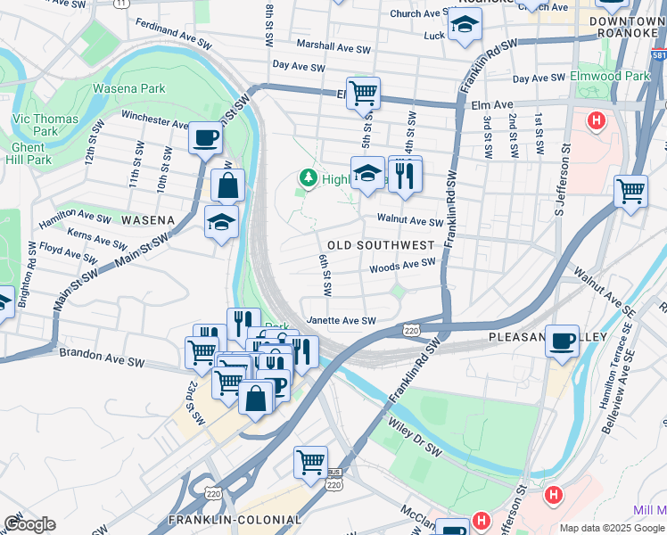 map of restaurants, bars, coffee shops, grocery stores, and more near 527 Woods Avenue Southwest in Roanoke