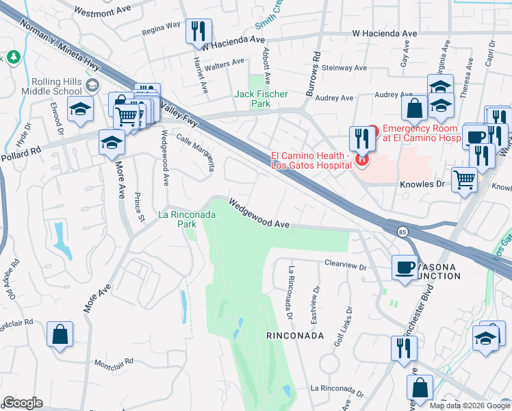 map of restaurants, bars, coffee shops, grocery stores, and more near 14302 Lora Drive in Los Gatos