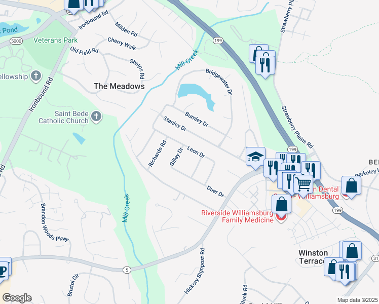 map of restaurants, bars, coffee shops, grocery stores, and more near 120 Leon Drive in Williamsburg