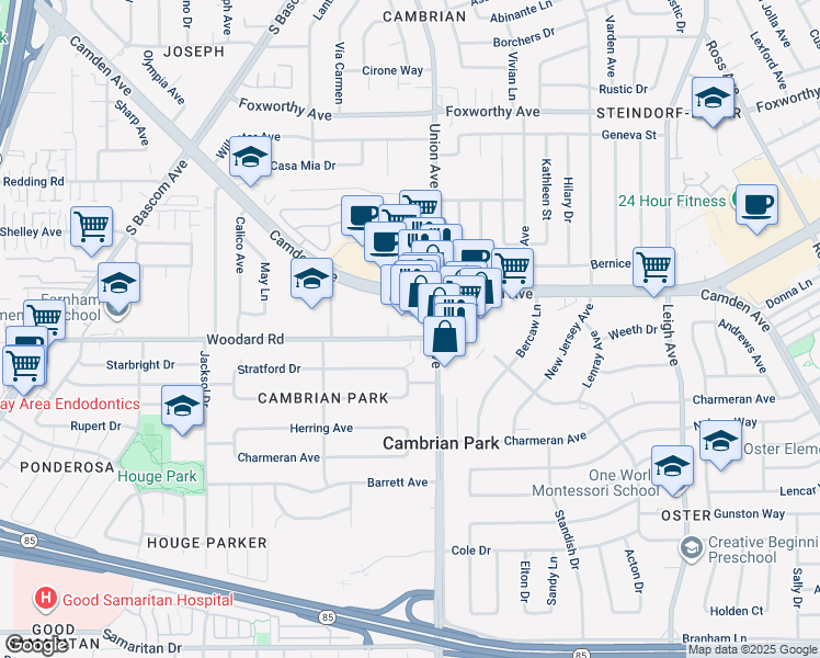 map of restaurants, bars, coffee shops, grocery stores, and more near 2028 Woodard Road in San Jose