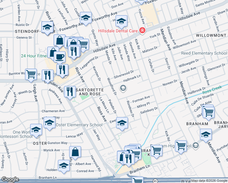 map of restaurants, bars, coffee shops, grocery stores, and more near 3929 Woodford Drive in San Jose