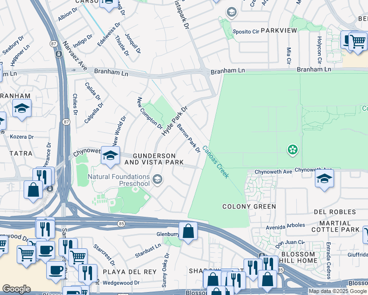 map of restaurants, bars, coffee shops, grocery stores, and more near 488 Churchill Park Drive in San Jose