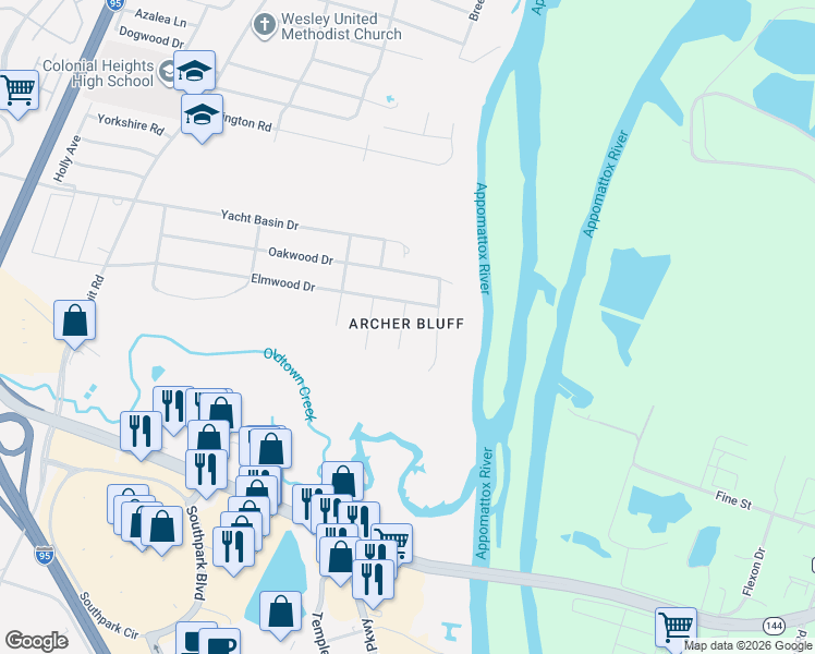 map of restaurants, bars, coffee shops, grocery stores, and more near 3007 Driftwood Avenue in Colonial Heights