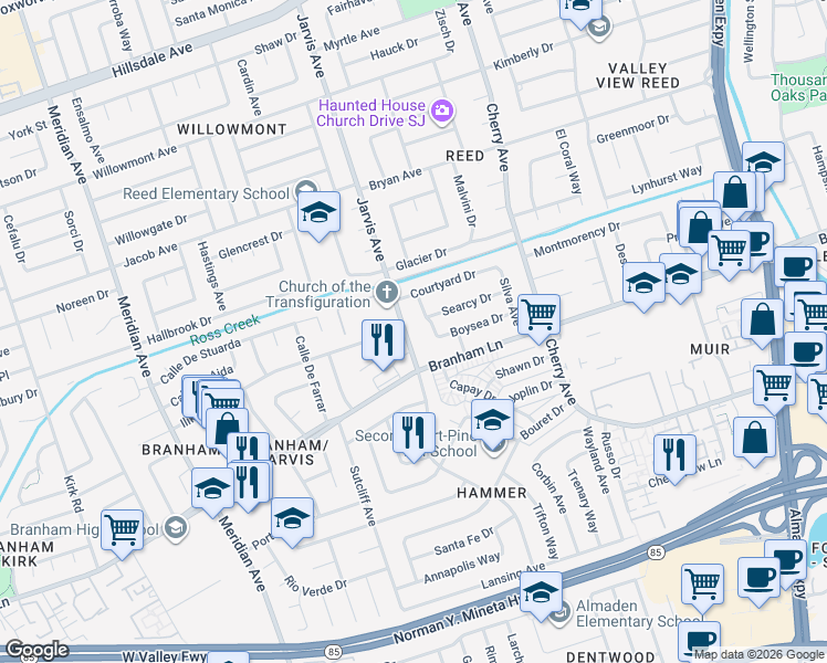 map of restaurants, bars, coffee shops, grocery stores, and more near 1398 Boysea Drive in San Jose