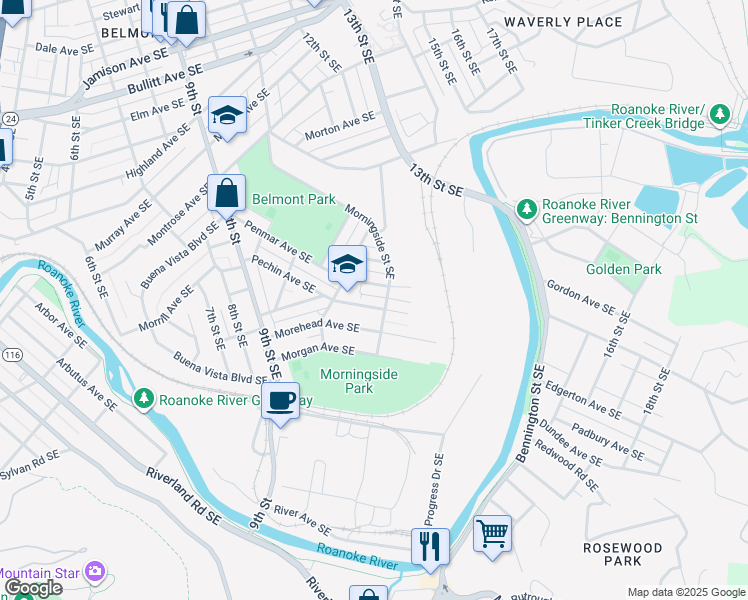 map of restaurants, bars, coffee shops, grocery stores, and more near 1301 Pechin Avenue Southeast in Roanoke