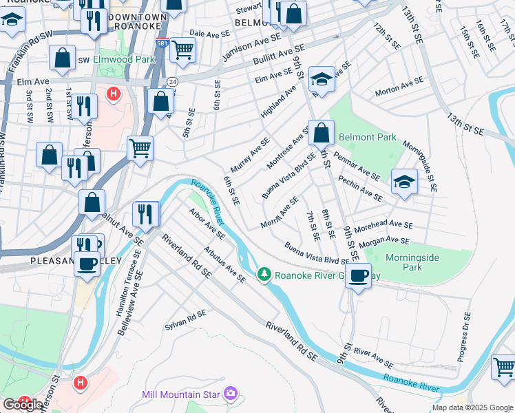 map of restaurants, bars, coffee shops, grocery stores, and more near 622 Morrill Avenue Southeast in Roanoke