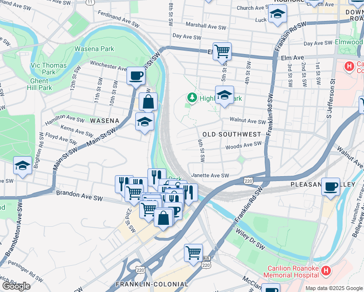 map of restaurants, bars, coffee shops, grocery stores, and more near 636 Woods Avenue Southwest in Roanoke