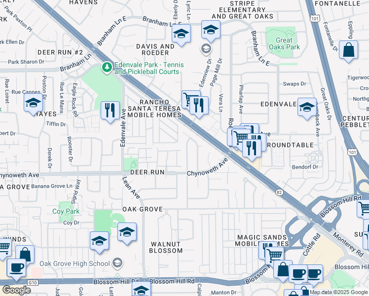 map of restaurants, bars, coffee shops, grocery stores, and more near 5213 Tomahawk Drive in San Jose