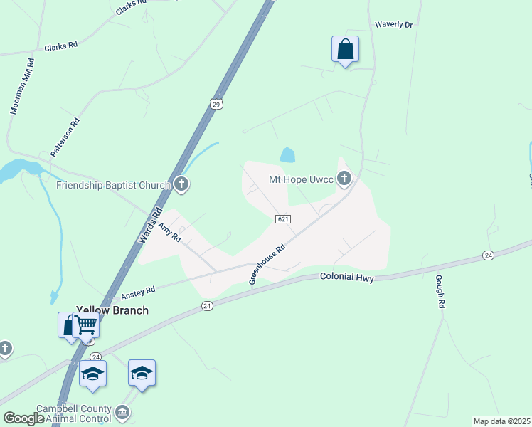 map of restaurants, bars, coffee shops, grocery stores, and more near 118 Oak Grove Drive in Rustburg