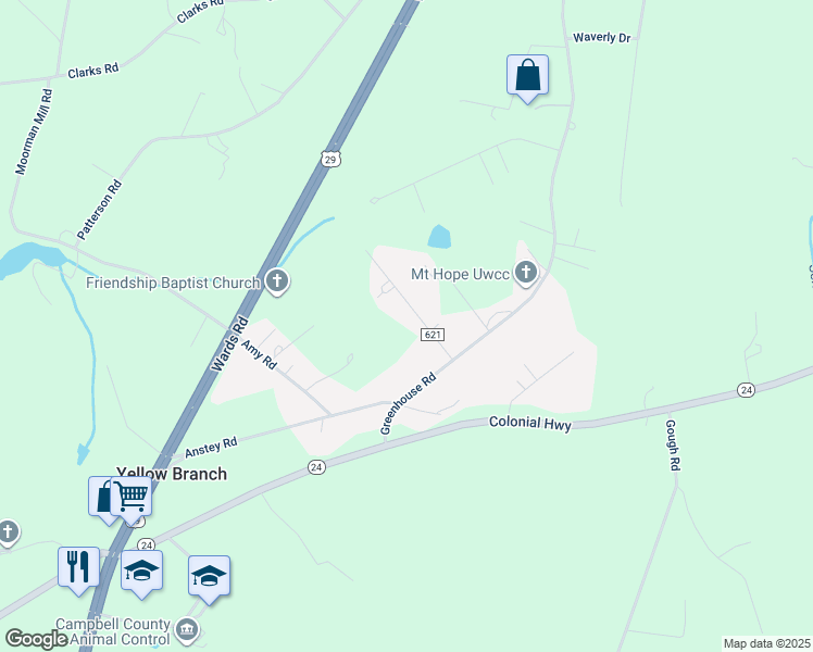 map of restaurants, bars, coffee shops, grocery stores, and more near 118 Oak Grove Drive in Rustburg