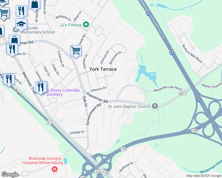 map of restaurants, bars, coffee shops, grocery stores, and more near 103 Emma Rose Court in Williamsburg