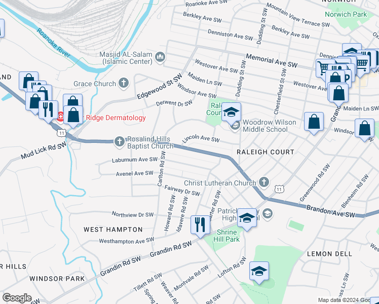 map of restaurants, bars, coffee shops, grocery stores, and more near 2420 Brandon Avenue Southwest in Roanoke