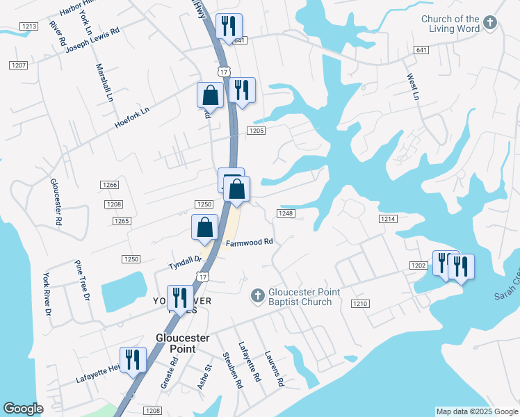 map of restaurants, bars, coffee shops, grocery stores, and more near 7746 Colonial Point Lane in Gloucester Point