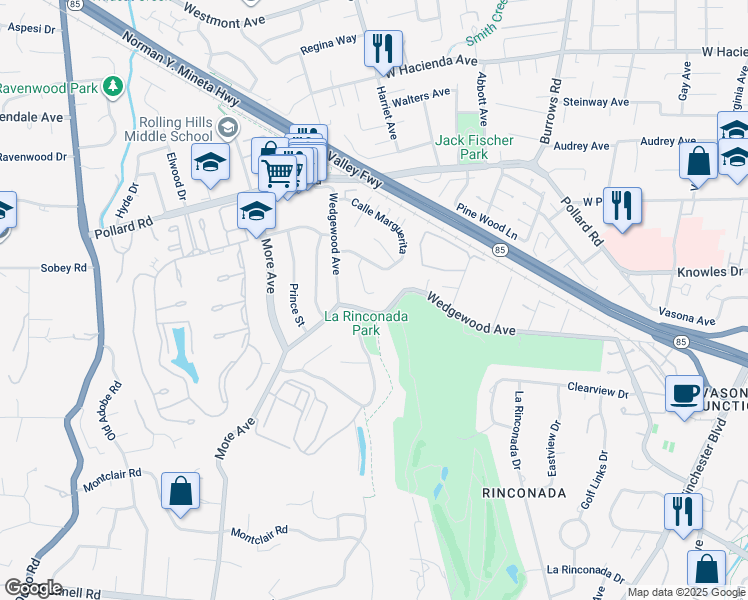 map of restaurants, bars, coffee shops, grocery stores, and more near 131 Calle El Padre in Los Gatos