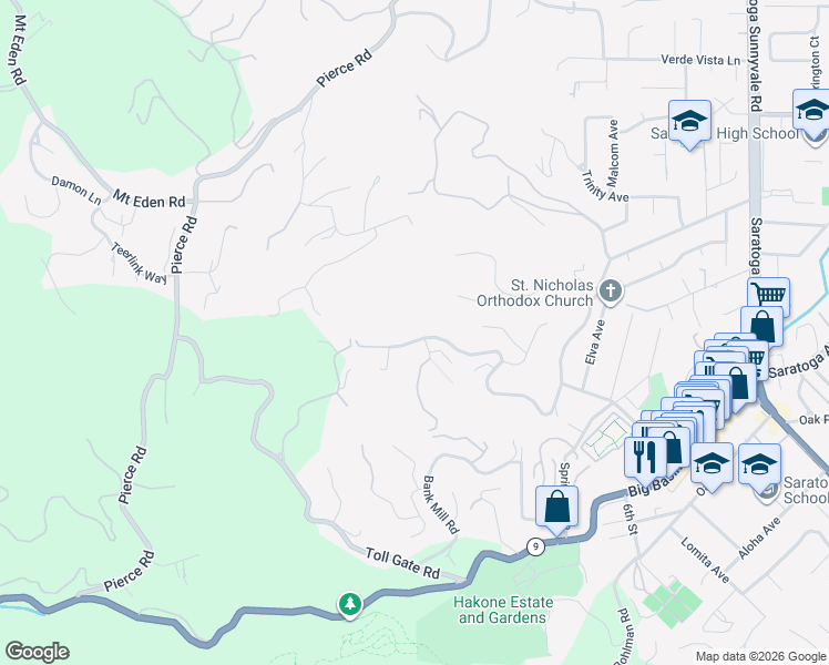 map of restaurants, bars, coffee shops, grocery stores, and more near 21250 Glenmont Drive in Saratoga